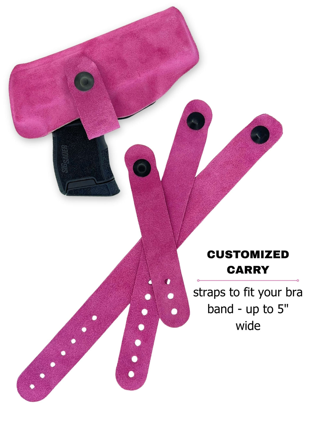 Berry Suede Flashbang bra holster with three included straps that fit bra bands up to 5 inches wide #flashbang-color_suede-wrapped-teddy-berry