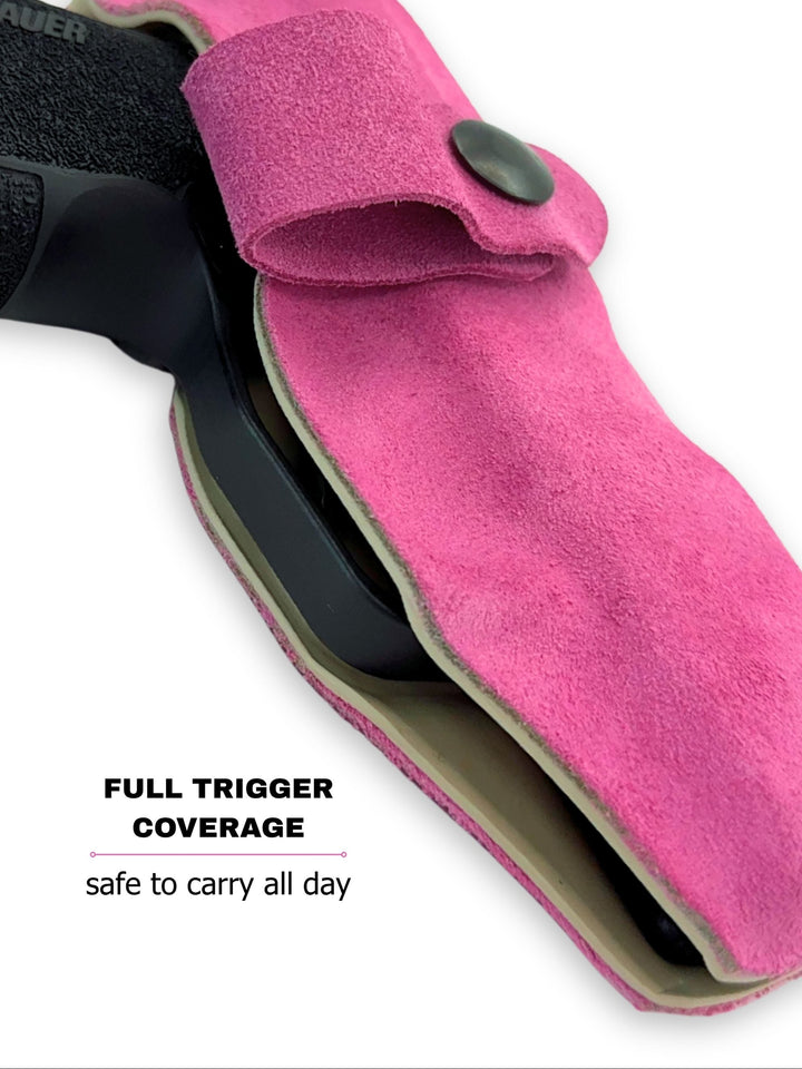 Berry Suede Flashbang bra holster with fully covered trigger for safe women's concealed carry #flashbang-color_suede-wrapped-teddy-berry