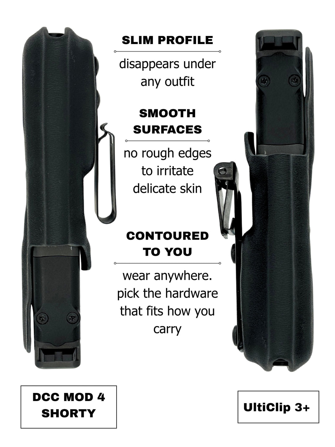 Betty 2.0 IWB concealed carry holster showing the slim profile of both clip options side by side