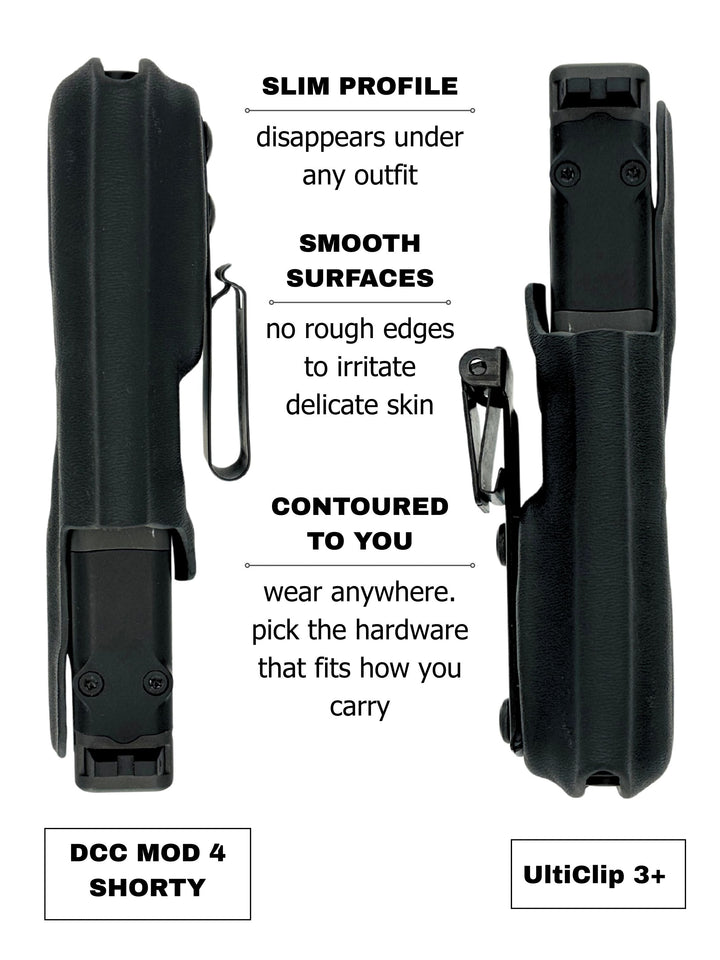 Betty 2.0 IWB concealed carry holster showing the slim profile of both clip options side by side