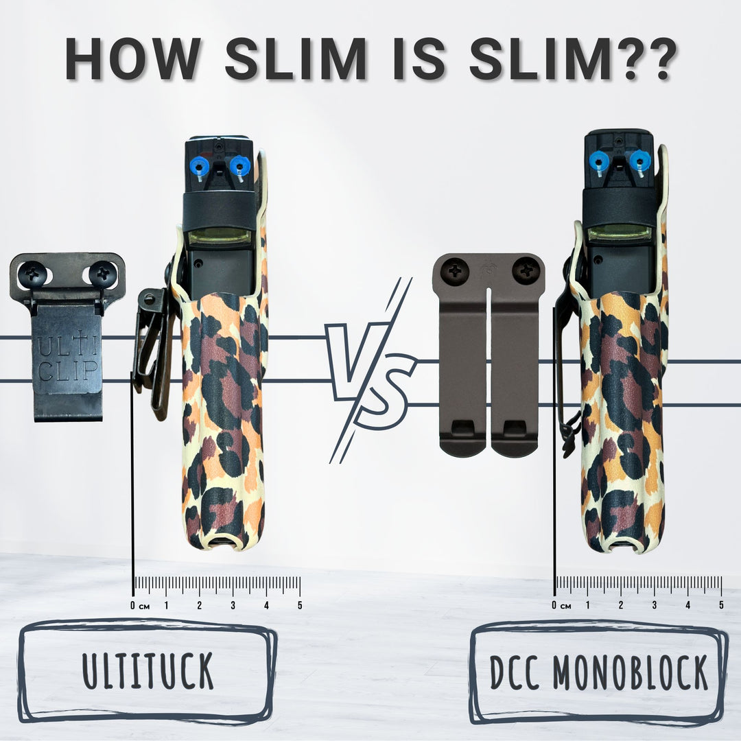 Comparison of UltiTuck and DCC Monoblock clip profiles with a ruler for scale on a white background.