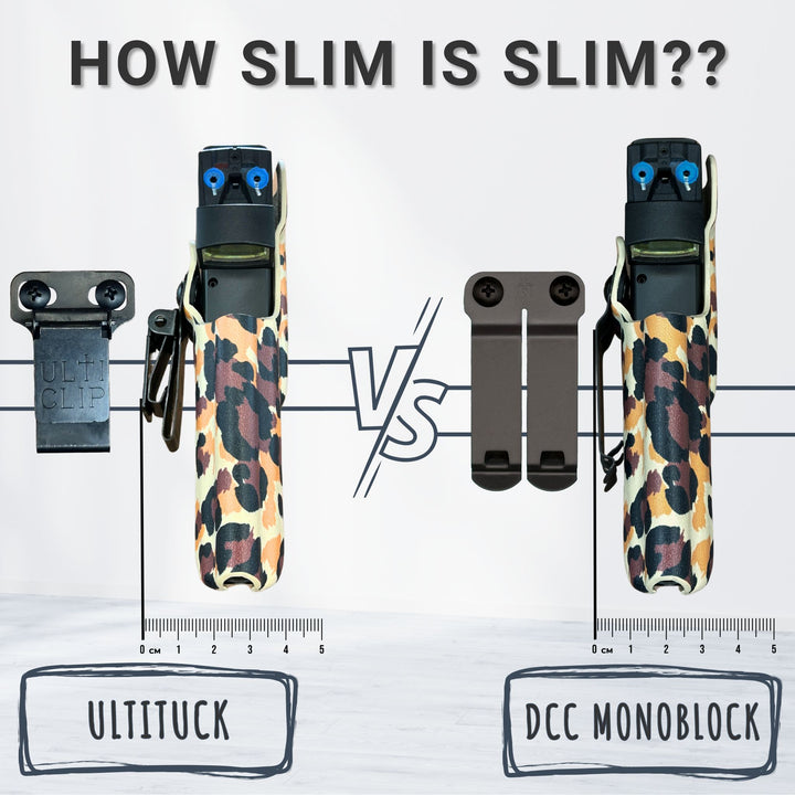 Comparison of UltiTuck and DCC Monoblock clip profiles with a ruler for scale on a white background.