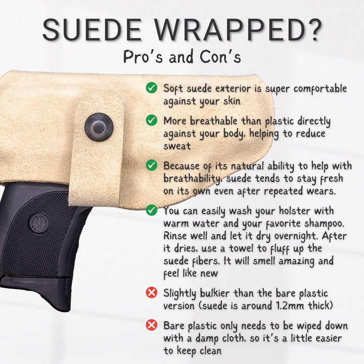 pros and cons of a suede wrapped holster in a bullet list #flashbang-color_suede-wrapped-teddy-nude