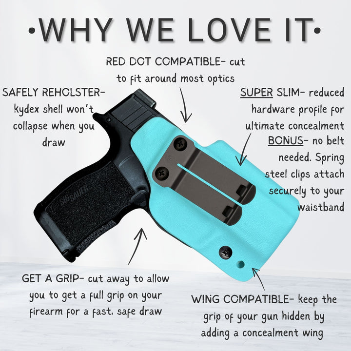 Blue gun holster with features highlighted on a white background