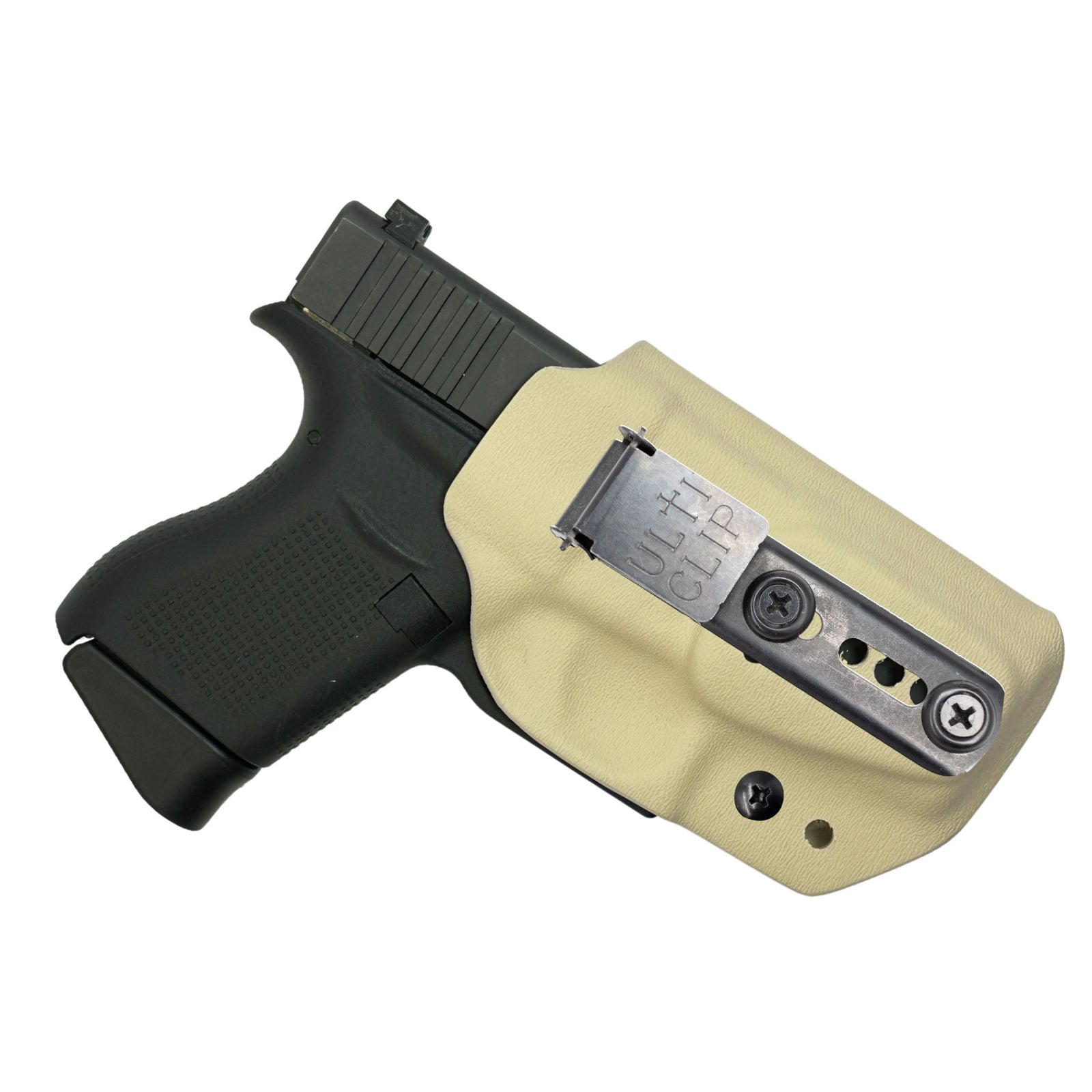 Black gun with nude concealed carry women's holster on a white background