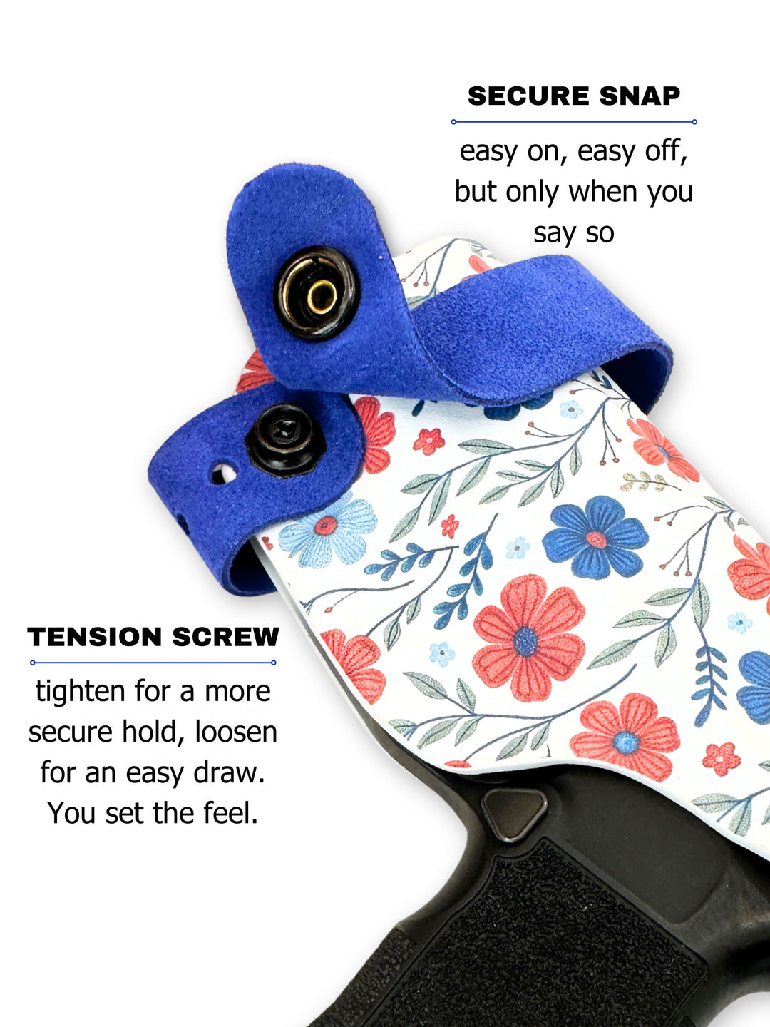Red White & Bloom Marilyn side-bra holster showing the secure retention snap for women's concealed carry #color_red-white-bloom