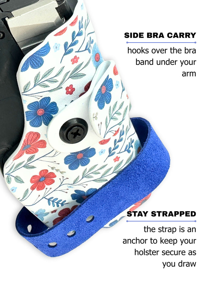 Red White & Bloom Marilyn holster shown in the side-bra carry position for women's concealed carry #color_red-white-bloom