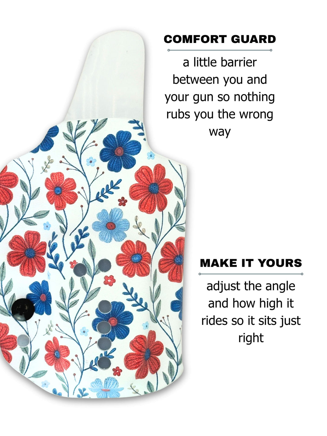 Betty 2.0 IWB concealed carry holster shell showing the adjustable clip mounting positions in Red White & Bloom #color_red-white-bloom