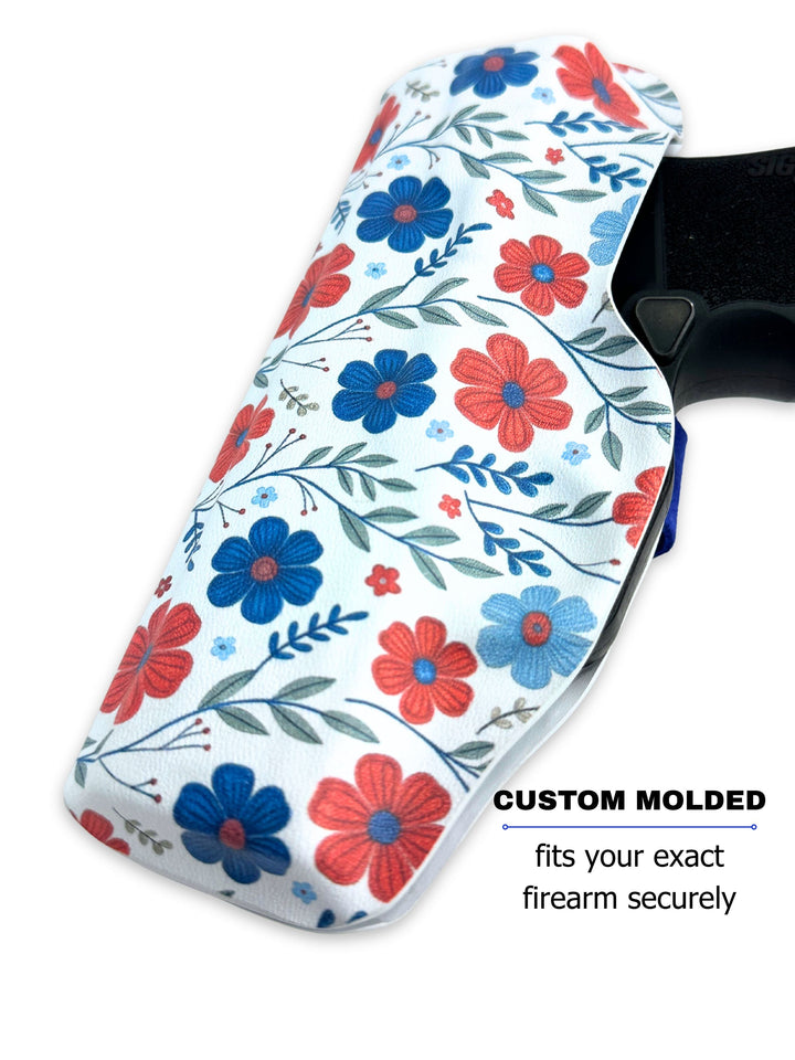 Red White & Bloom Flashbang bra holster showing its custom-molded fit for women's concealed carry #flashbang-color_red-white-bloom