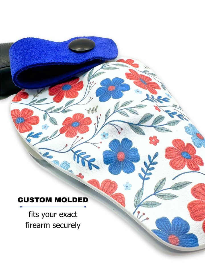 Red White & Bloom Flashbang bra holster showing its custom-molded fit for women's concealed carry #flashbang-color_red-white-bloom