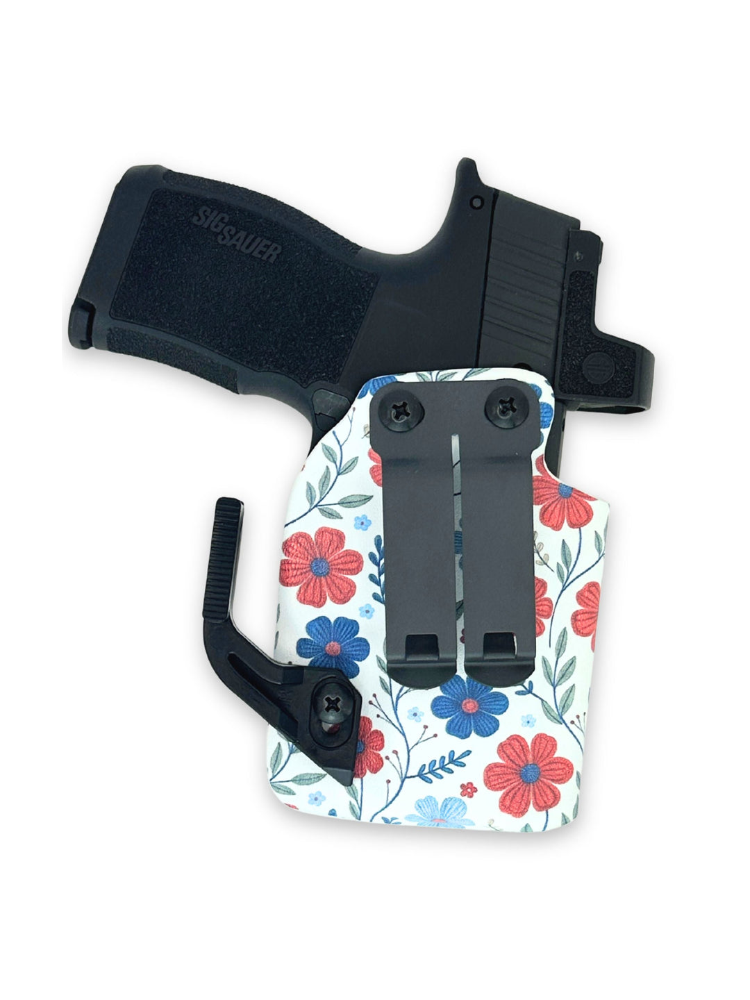Amelia IWB concealed carry holster with DCC Monoblock and concealment wing, front view, in Red White & Bloom #color_red-white-bloom