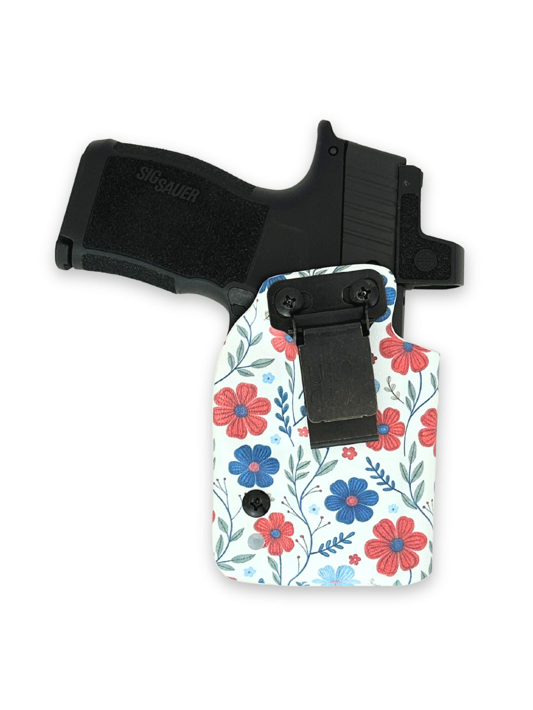 Amelia IWB concealed carry holster with Ultituck clip, front view, in Red White & Bloom #color_red-white-bloom