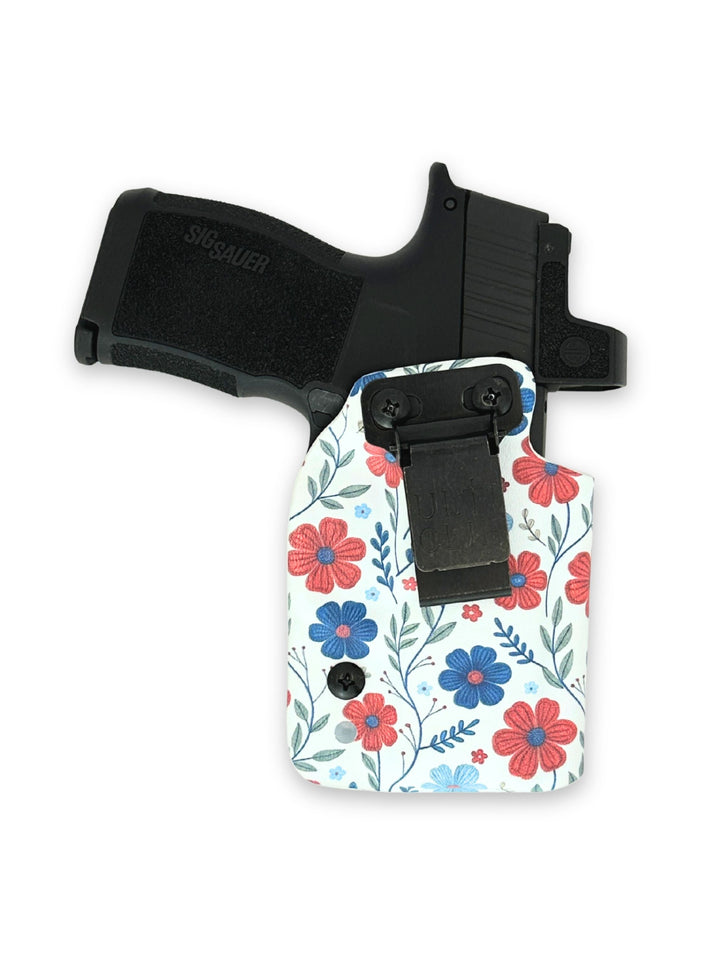 Amelia IWB concealed carry holster with Ultituck clip, front view, in Red White & Bloom #color_red-white-bloom