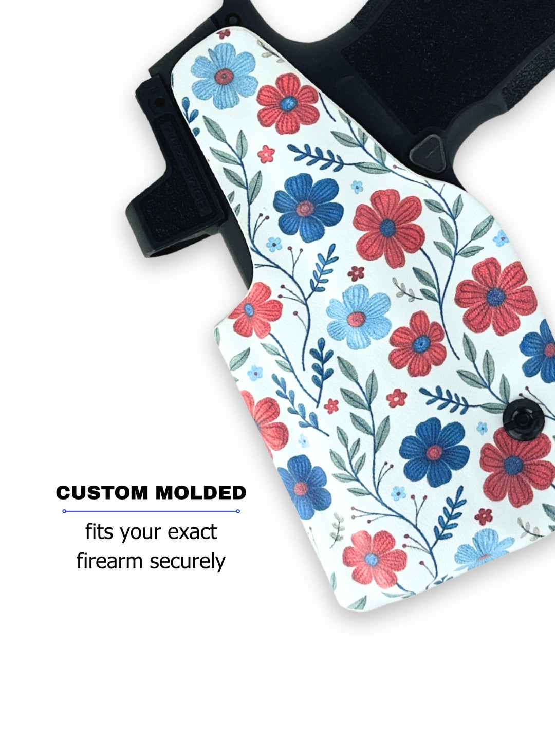 Back of the Amelia IWB concealed carry holster showing custom-molded contouring and the Red White & Bloom print #color_red-white-bloom