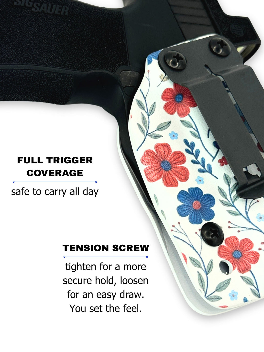 Amelia IWB concealed carry holster showing covered trigger guard and adjustable tension screw without a wing in Red White & Bloom #color_red-white-bloom