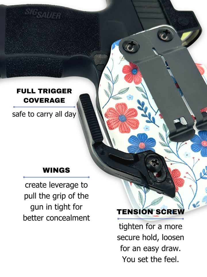 Amelia IWB concealed carry holster with covered trigger guard and concealment wing in Red White & Bloom #color_red-white-bloom