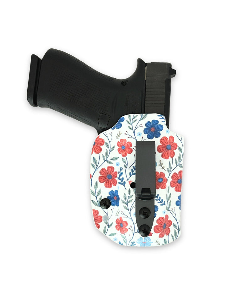Betty 2.0 IWB concealed carry holster with DCC Mod 4 Shorty clip, front view, in Red White & Bloom #color_red-white-bloom