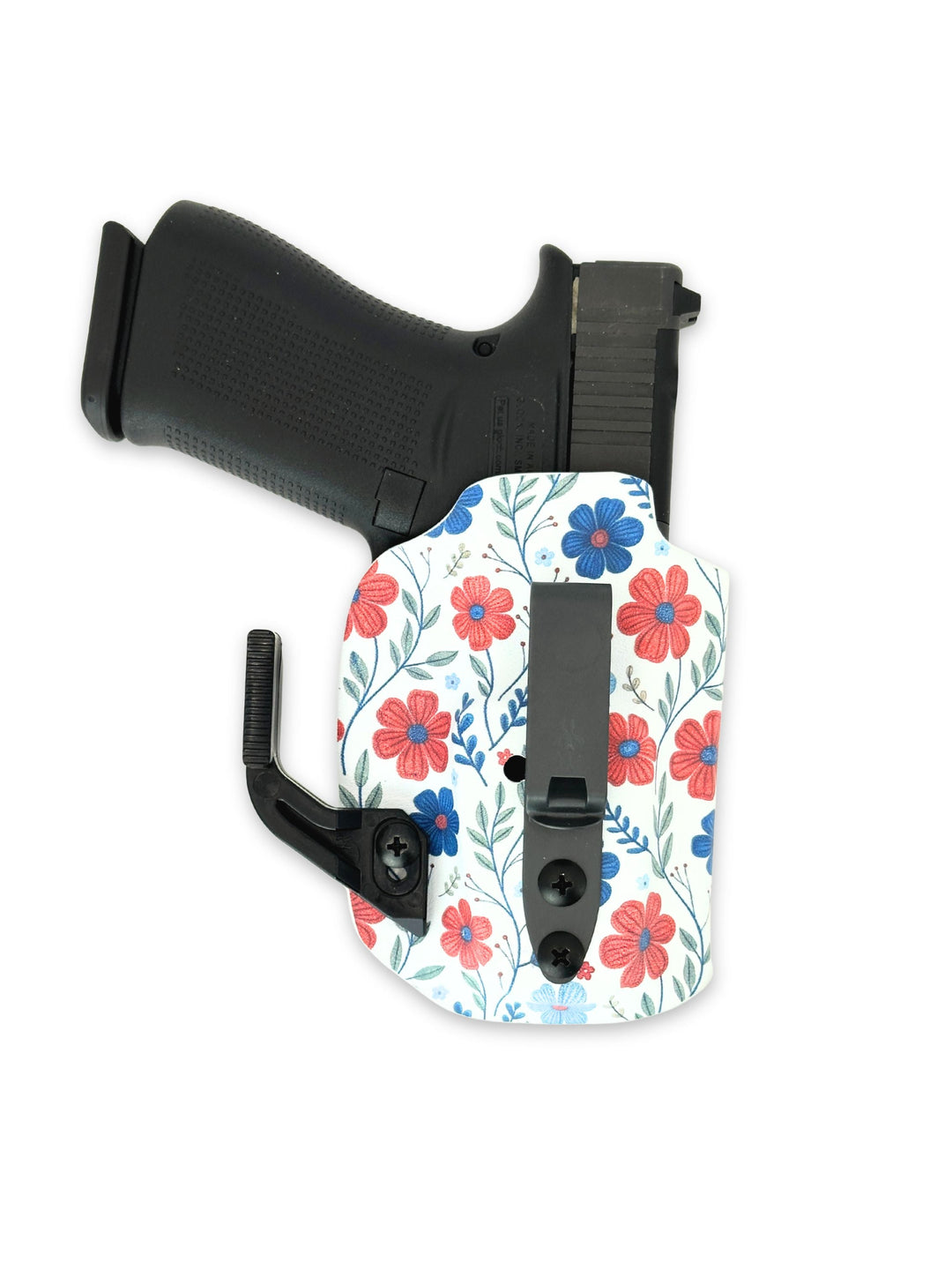 Betty 2.0 IWB concealed carry holster with DCC Mod 4 Shorty and concealment wing, front view, in Red White & Bloom #color_red-white-bloom