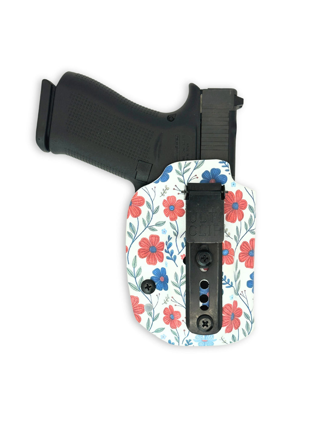 Betty 2.0 IWB concealed carry holster with Ulticlip 3+ clip, front view, in Red White & Bloom #color_red-white-bloom