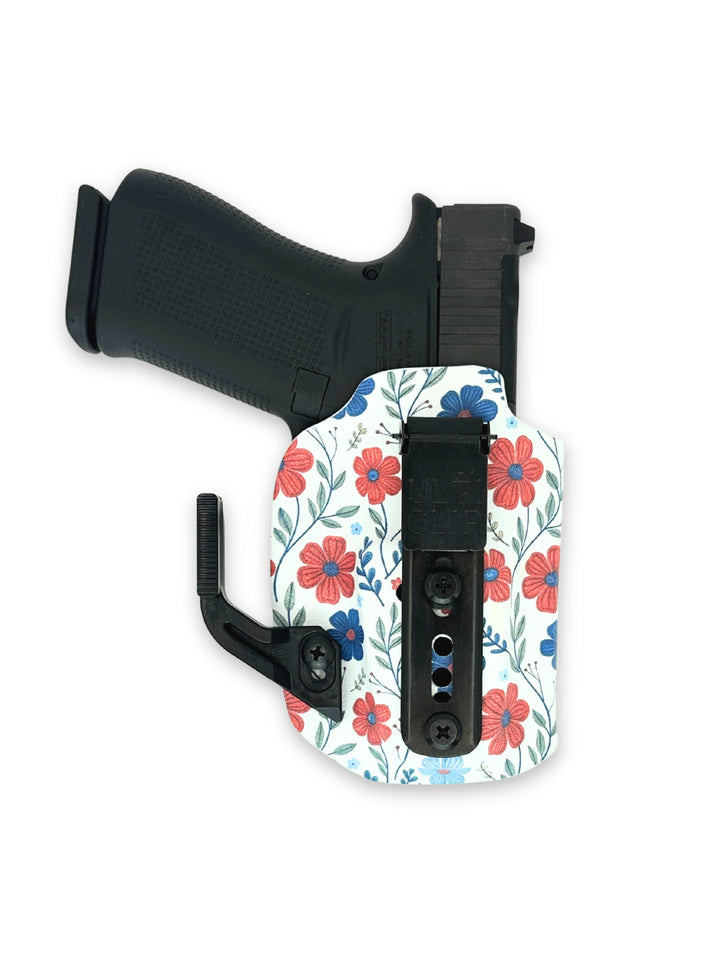 Betty 2.0 IWB concealed carry holster with Ulticlip 3+ and concealment wing, front view, in Red White & Bloom #color_red-white-bloom