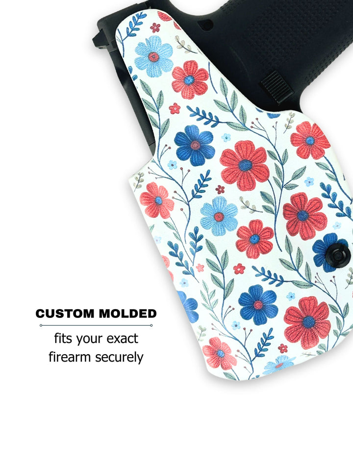 Close-up of the Betty 2.0 IWB concealed carry holster back showing custom-molded fit in Red White & Bloom #color_red-white-bloom
