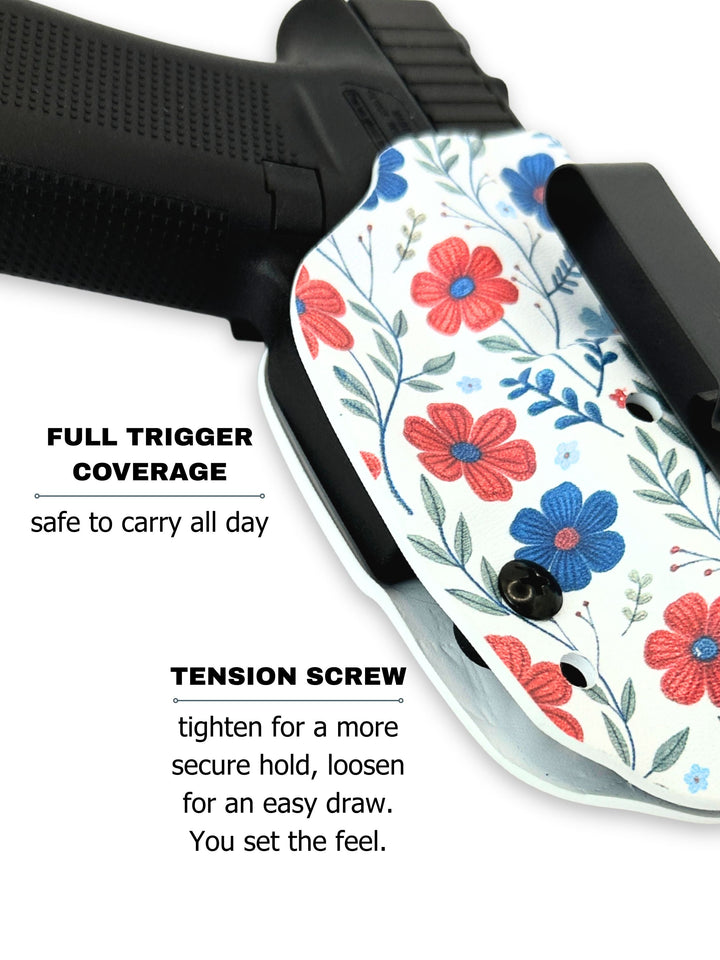 Betty 2.0 IWB concealed carry holster showing the covered trigger guard without a wing in Red White & Bloom #color_red-white-bloom
