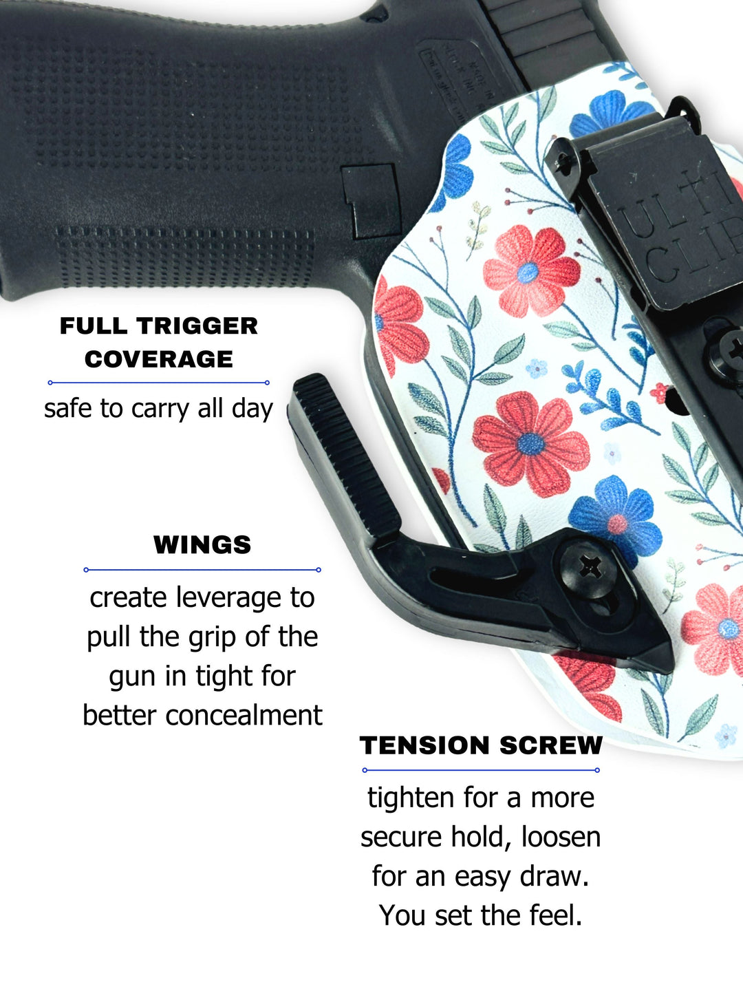 Betty 2.0 IWB concealed carry holster with covered trigger guard and concealment wing in Red White & Bloom #color_red-white-bloom