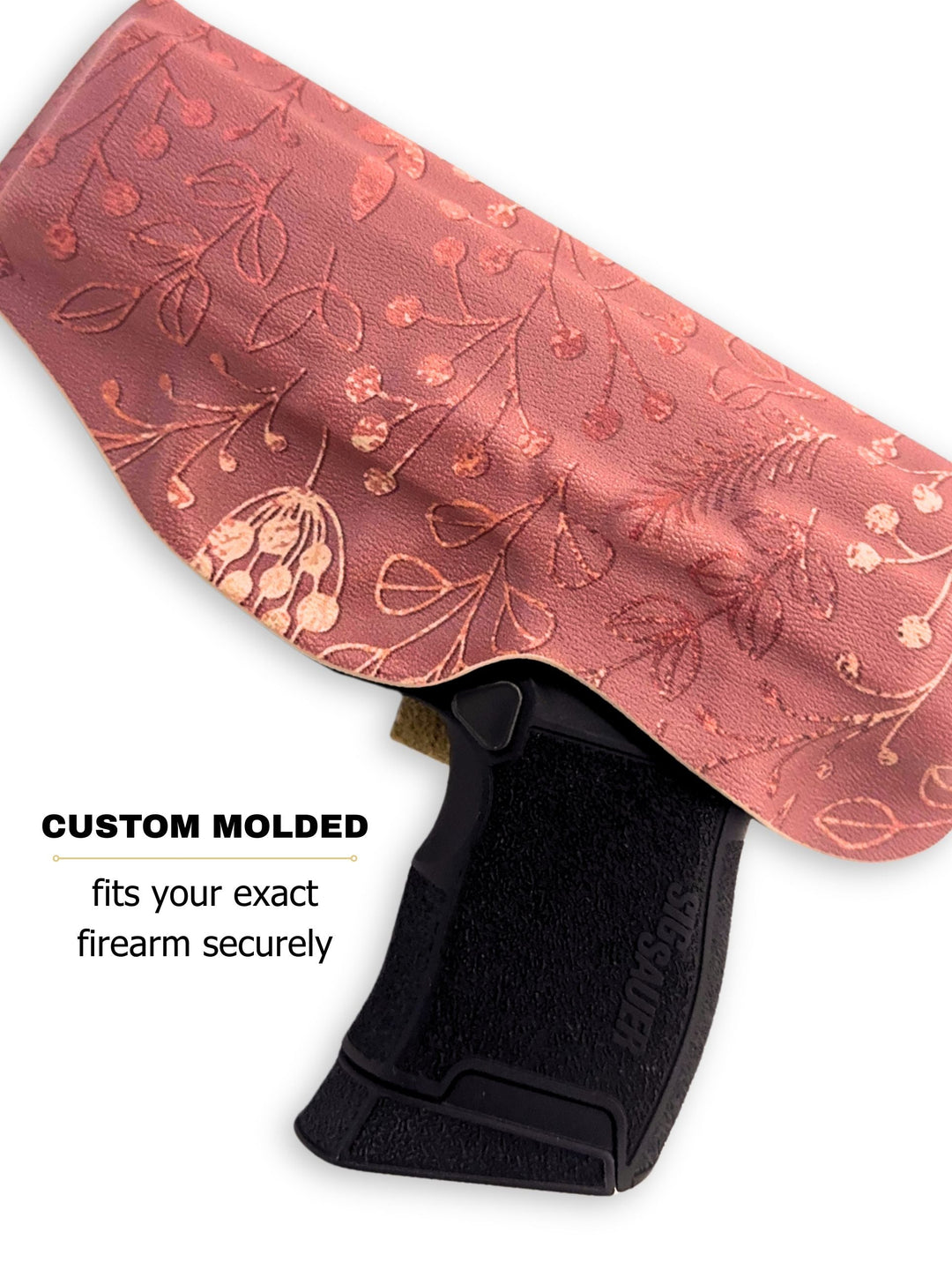 Rose Gold Flashbang bra holster showing its custom-molded fit for women's concealed carry #flashbang-color_rose-gold