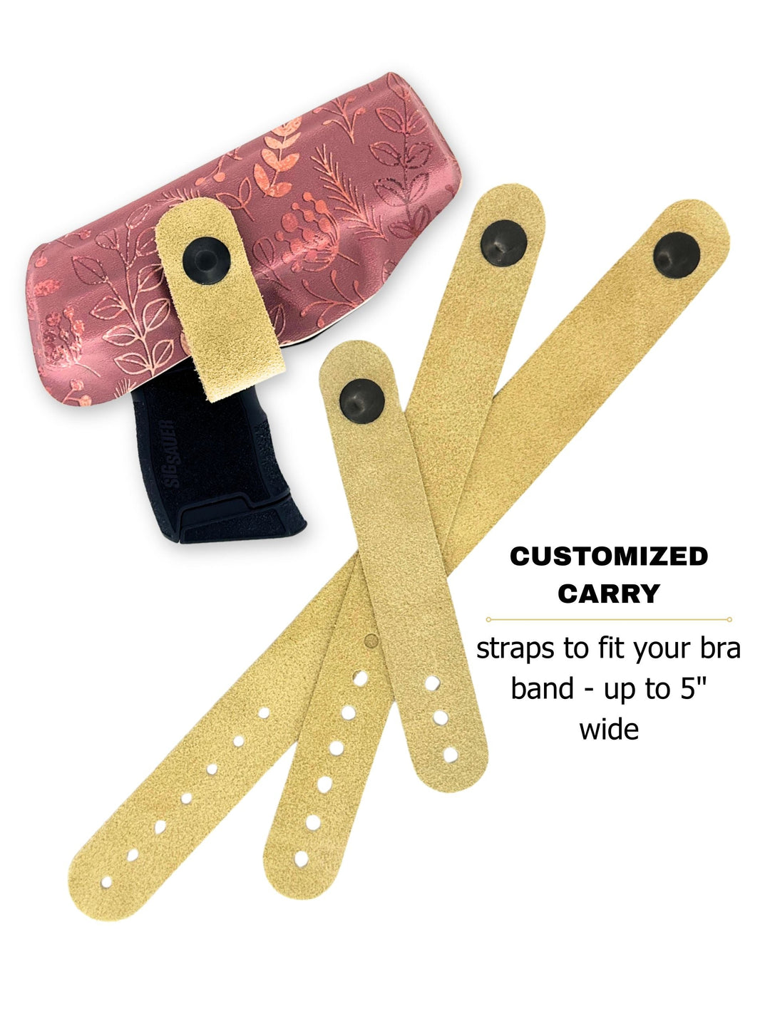 Rose Gold Flashbang bra holster with three included straps that fit bra bands up to 5 inches wide #flashbang-color_rose-gold