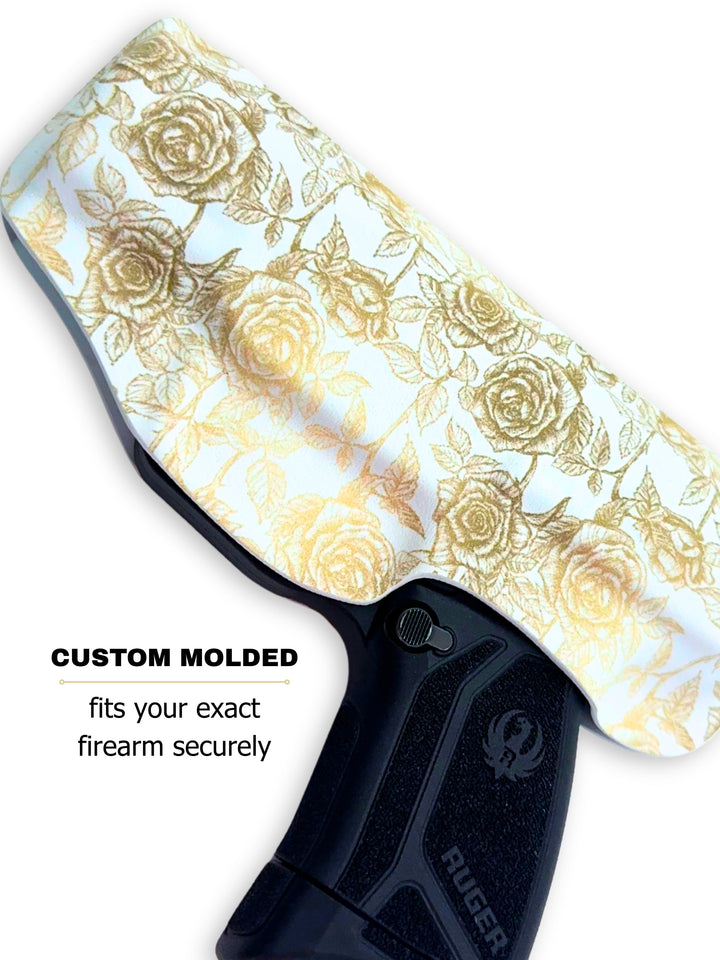 Tea-Stained Roses Flashbang bra holster showing its custom-molded fit for women's concealed carry #flashbang-color_tea-stained-roses