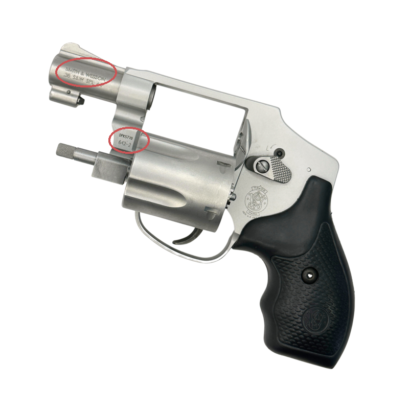Revolver with the brand on the barrel and the model number on the frame circled