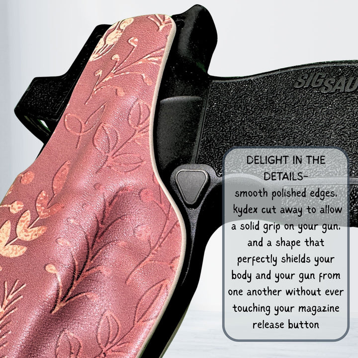 details matter with our iwb holsters for women. polished edges, perfect grip, mag release protected #color_boutique-patina