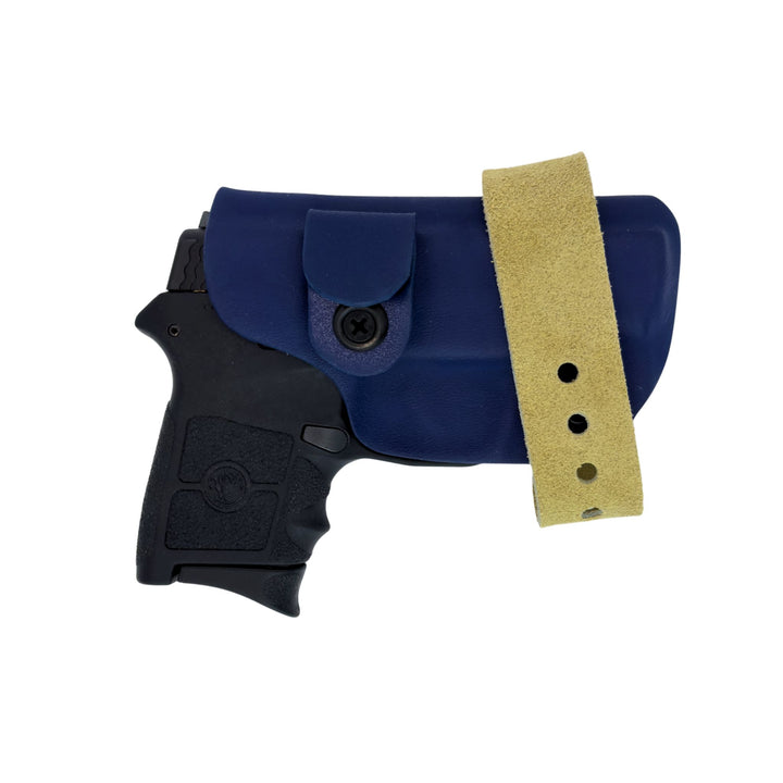 Black handgun with blue holster and gold strap on a white background