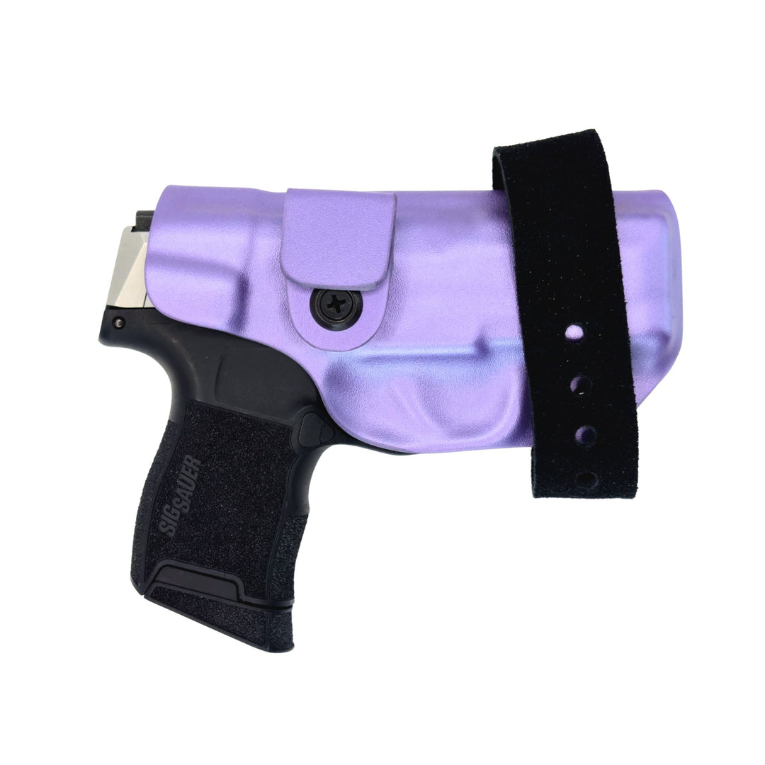 Purple gun holster with a black strap on a white background