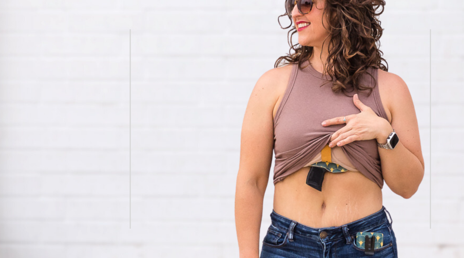 concealed carry holster for Woman wearing a brown crop top and blue jeans with a white background